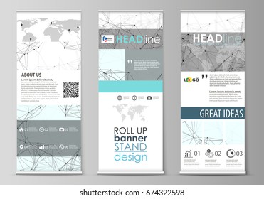 Roll up banner stands, abstract geometric style templates, vertical vector flyers, flag layouts. Chemistry pattern, connecting lines and dots, molecule structure on white, geometric graphic background