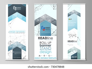 Roll up banner stands, abstract geometric style templates, vertical vector flyers, flag layouts. Chemistry pattern, connecting lines and dots, molecule structure, geometric graphic background