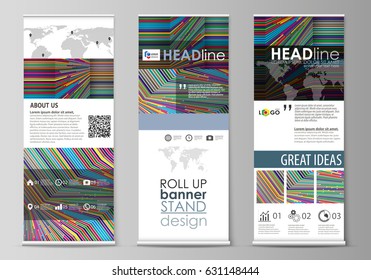 Roll up banner stands, abstract style templates, corporate vertical vector flyers, flag layouts. Bright color lines, colorful design with geometric shapes forming beautiful minimalist background.