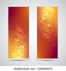 Roll up banner stands with DNA strand and molecular structure. Genetic engineering or laboratory research. Abstract geometric texture for medical, science and technology design