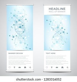 Roll up banner stands with DNA strand and molecular structure. Genetic engineering or laboratory research. Abstract geometric texture for medical, science and technology design