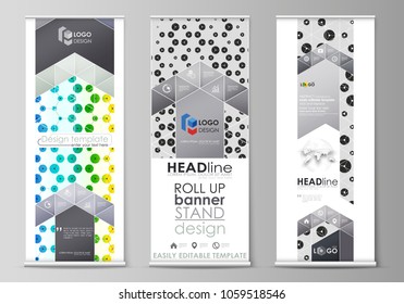 Roll up banner stands, flat abstract style templates, corporate vertical vector flyers, flag layouts. Chemistry pattern, hexagonal design molecule structure. Geometric colorful background.