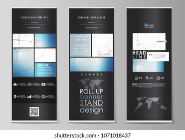 Roll up banner stands, flat design templates, geometric style, vertical vector flyers, flag layouts. Geometric blue color background, molecule structure, science concept. Connected lines and dots.