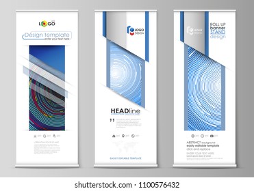 Roll up banner stands, flat design templates, abstract geometric minimalist style, business concept, corporate vertical vector flyers, flag layouts. Blue color background made from colorful circles.