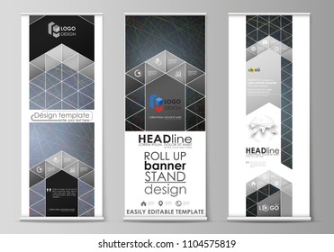 Roll up banner stands, flat design templates, business concept, corporate vertical vector flyers, flag layouts. Colorful dark background with abstract lines. Bright color chaotic, random, messy curves