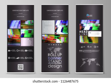 Roll up banner stands, flat design templates, abstract style, vertical vector flyers, flag layouts. Glitched background made of colorful pixel mosaic. Digital decay, signal error, television fail.