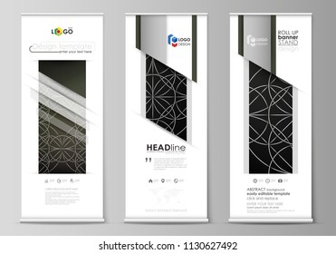 Roll up banner stands, flat design templates, business concept, corporate vertical vector flyers, flag layouts. Celtic pattern. Abstract ornament, vintage texture, medieval classic ethnic style.