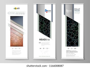 Roll up banner stands, flat design templates, corporate vertical vector flyers, flag layouts. Chemistry pattern, molecular texture, polygonal molecule structure, cell. Microbiology concept.