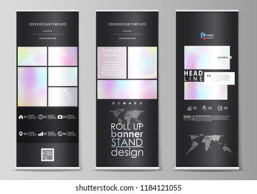 Roll up banner stands, flat design templates, abstract geometric style, corporate vertical vector flyers, flag layouts. Hologram, background with holographic effect. Blurred pattern, surreal texture.