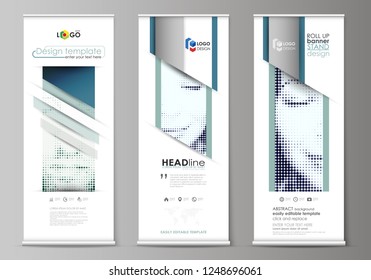 Roll up banner stands, flat design templates, geometric style, vertical vector flyers, flag layouts. Halftone dotted background, retro style pattern, vintage texture. Halftone effect with black dots