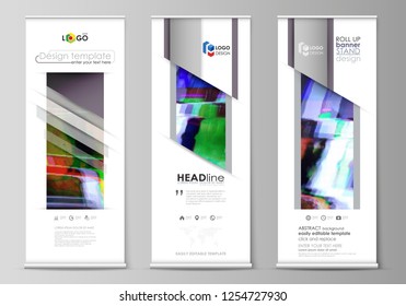 Roll up banner stands, flat design templates, abstract style, vertical vector flyers, flag layouts. Glitched background made of colorful pixel mosaic. Digital decay, signal error, television fail.