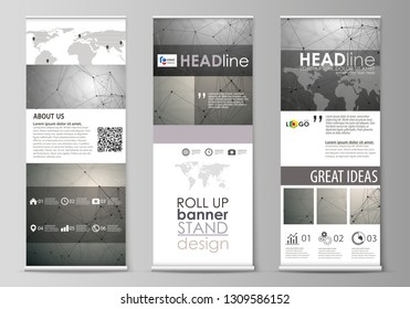 Roll up banner stands, flat design templates, geometric style, corporate vertical vector flyers, flag layouts. Chemistry pattern, molecule structure on gray background. Science and technology concept.