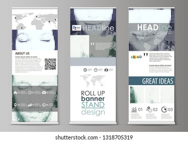 Roll up banner stands, flat design templates, geometric style, vertical vector flyers, flag layouts. Halftone dotted background, retro style pattern, vintage texture. Halftone effect with black dots