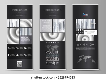 Roll up banner stands, flat design templates, abstract geometric style, corporate vertical vector flyers, flag layouts. Simple monochrome geometric pattern. Minimalistic background. Gray color shapes.