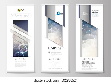 Roll up banner stands, flat design templates, geometric style, business concept, corporate vertical vector flyers. DNA molecule structure on blue background. Scientific research, medical technology.