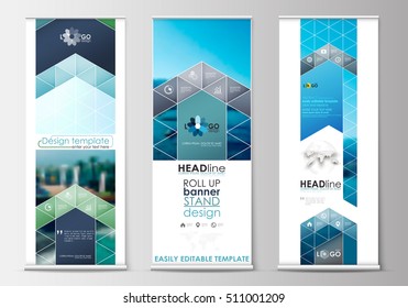 Roll up banner stands, flat design, abstract geometric templates, modern business layouts, corporate vertical vector flyers. Blue color travel decoration, easy editable, colorful natural landscape.