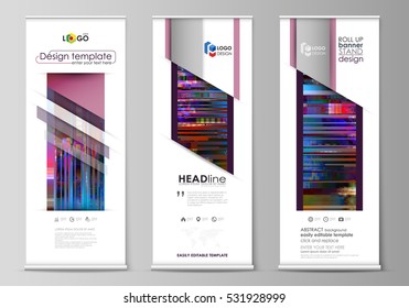 Roll up banner stands, flat design templates, abstract style, modern concept, corporate vertical vector flyers, flag layouts. Glitched background made of colorful pixel mosaic. Glitch backdrop.