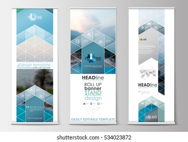 Roll up banner stands, flat design, abstract geometric templates, modern business layouts, corporate vertical vector flyers. Blue color travel decoration, easy editable, colorful natural landscape