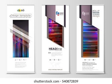 Roll up banner stands, flat design templates, abstract style, modern concept, corporate vertical vector flyers, flag layouts. Glitched background made of colorful pixel mosaic. Glitch backdrop