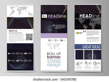 Roll up banner stands, flat design templates, corporate vertical vector flyers, flag layouts. Abstract polygonal background with hexagons. Black color geometric design, hexagonal geometry.