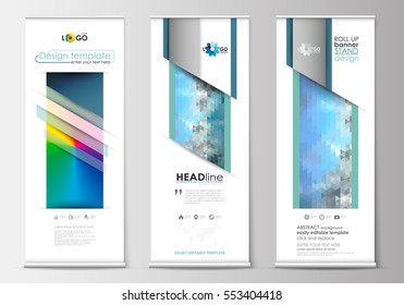 Roll up banner stands, flat design templates, abstract geometric style, corporate vertical vector flyers, flag banner layouts. Abstract triangles, blue triangular background, colorful polygonal vector