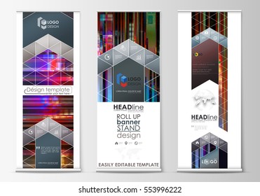 Roll up banner stands, flat design templates, abstract style, modern concept, corporate vertical vector flyers, flag layouts. Glitched background made of colorful pixel mosaic. Glitch backdrop.