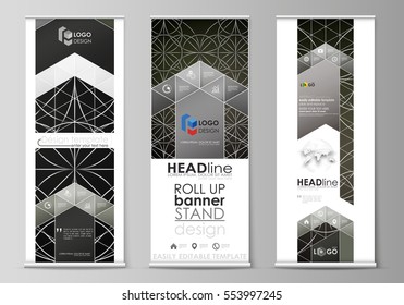 Roll up banner stands, flat design templates, business concept, corporate vertical vector flyers, flag layouts. Celtic pattern. Abstract ornament, vintage texture, medieval classic ethnic style.
