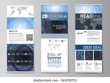 Roll up banner stands, flat design templates, abstract geometric minimalist style, business concept, corporate vertical vector flyers, flag layouts. Blue color background made from colorful circles