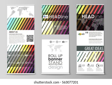 Roll up banner stands, flat design templates, geometric style, vertical vector flags, banner layouts. Bright color rectangles, colorful design, geometric rectangular shapes, beautiful background