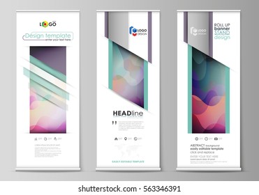 Roll up banner stands, flat design templates, corporate vertical vector flyers, flag banner layouts. Bright color pattern, colorful design, overlapping shapes, abstract beautiful background.