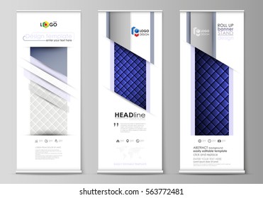 Roll up banner stands, flat design templates, business concept, corporate vertical vector flyers, flag layouts. Shiny fabric, rippled texture, white and blue silk, colorful vintage style background.