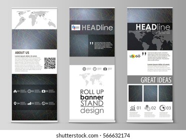 Roll up banner stands, flat design templates, business concept, corporate vertical vector flyers, flag layouts. Colorful dark background with abstract lines. Bright color chaotic, random, messy curves