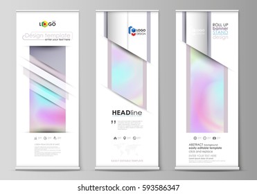 Roll up banner stands, flat design templates, abstract geometric style, corporate vertical vector flyers, flag layouts. Hologram, background with holographic effect. Blurred pattern, surreal texture.