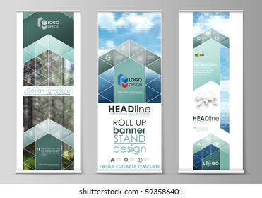 Roll up banner stands, flat design templates, vertical vector flyers, flag layouts. Colorful background, triangular or hexagonal texture for travel business, natural landscape in polygonal style.