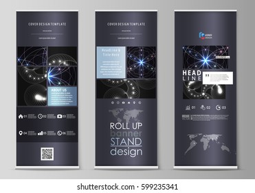 Roll up banner stands, flat design templates, abstract geometric style, corporate vertical vector flyers, flag layouts. Sacred geometry, glowing geometrical ornament. Mystical background