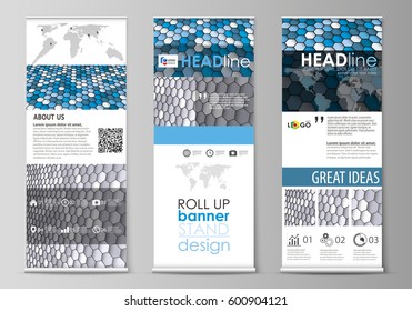 Roll up banner stands, flat design templates, business concept, corporate vertical vector flyers, flag layouts. Blue and gray color hexagons in perspective. Abstract polygonal style modern background.