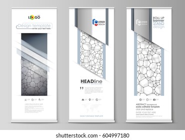 Roll up banner stands, flat design templates, corporate vertical vector flyers, flag layouts. Chemistry pattern, molecular texture, polygonal molecule structure, cell. Microbiology concept.