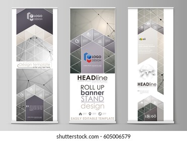 Roll up banner stands, flat design templates, geometric style, corporate vertical vector flyers, flag layouts. Chemistry pattern, molecule structure on gray background. Science and technology concept.