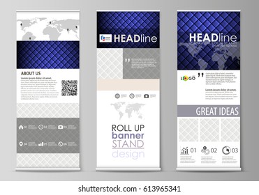 Roll up banner stands, flat design templates, business concept, corporate vertical vector flyers, flag layouts. Shiny fabric, rippled texture, white and blue silk, colorful vintage style background.
