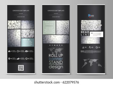 Roll up banner stands, flat design templates, modern business concept, corporate vertical vector flyers, flag layouts. Pattern made from squares, gray background in geometrical style. Simple texture.