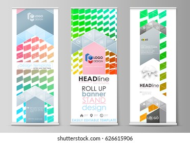 Roll up banner stands, flat design templates, abstract geometric style, corporate vertical vector flyers, flag layouts. Colorful rectangles, moving dynamic shapes, abstract polygonal style background.