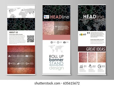 Roll up banner stands, flat design templates, corporate vertical vector flyers, flag layouts. Chemistry pattern, molecular texture, polygonal molecule structure, cell. Microbiology concept.