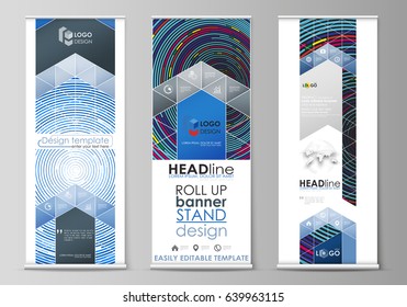 Roll up banner stands, flat design templates, abstract geometric minimalist style, business concept, corporate vertical vector flyers, flag layouts. Blue color background made from colorful circles.