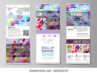 Roll up banner stands, flat design templates, abstract style, corporate vertical vector flyers, flag layouts. Bright color colorful minimalist backdrop with geometric shapes, minimalistic background.