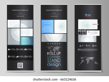 Roll up banner stands, flat design templates, abstract geometric style, corporate vertical vector flyers, flag layouts. Minimalistic background with lines. Gray color geometric shapes, simple pattern.