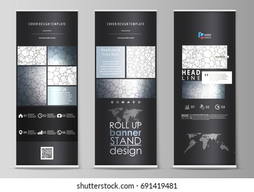 Roll up banner stands, flat design templates, corporate vertical vector flyers, flag layouts. Chemistry pattern, molecular texture, polygonal molecule structure, cell. Microbiology concept.