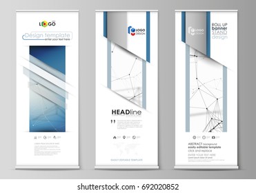 Roll up banner stands, flat design templates, geometric style, vertical vector flyers, flag layouts. Geometric blue color background, molecule structure, science concept. Connected lines and dots.