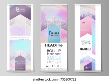 Roll up banner stands, flat design templates, abstract geometric style, corporate vertical vector flyers, flag layouts. Hologram, background with holographic effect. Blurred pattern, surreal texture.