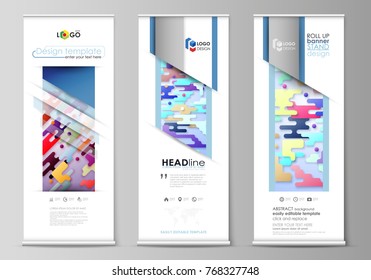 Roll up banner stands, flat design templates, abstract style, corporate vertical vector flyers, flag layouts. Bright color colorful minimalist backdrop with geometric shapes, minimalistic background.