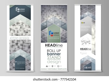 Roll up banner stands, flat design templates, modern business concept, corporate vertical vector flyers, flag layouts. Pattern made from squares, gray background in geometrical style. Simple texture.